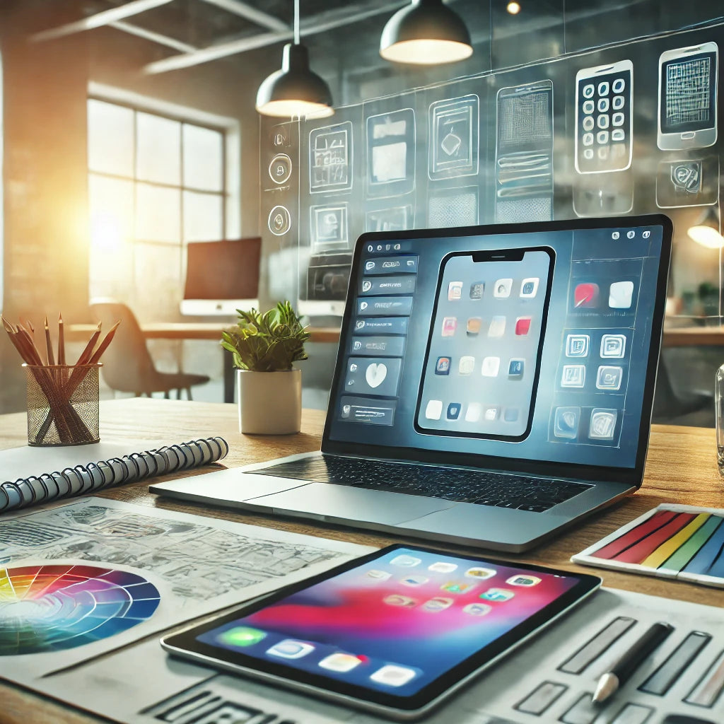 A professional workspace showcasing mobile app design, featuring a laptop displaying a mobile app interface, surrounded by design tools and sketches, symbolizing creativity and innovation in iOS and Android app development.